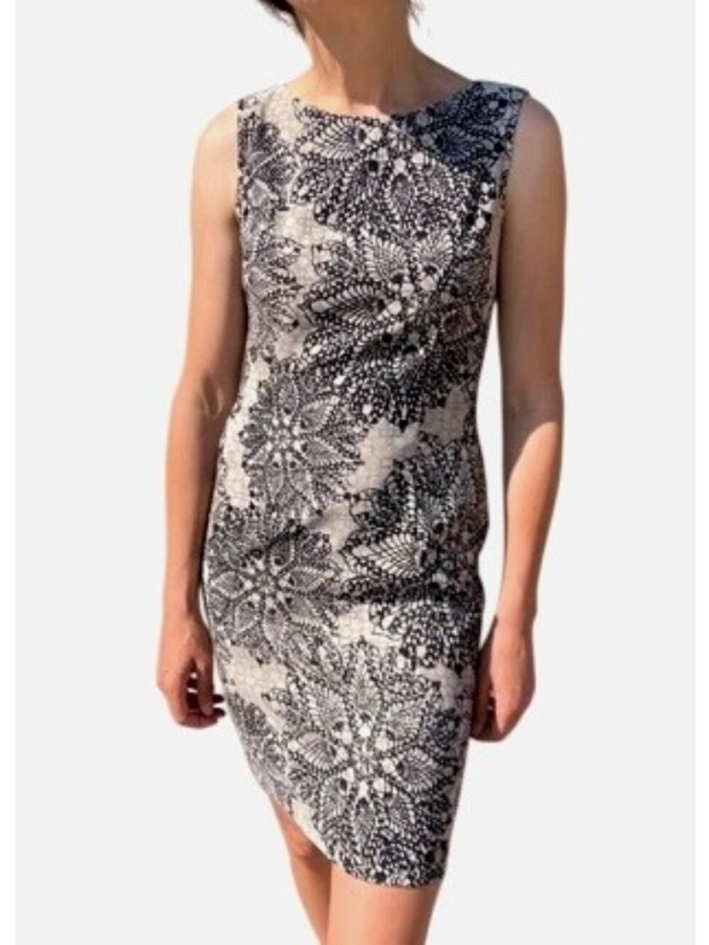 Connected Black Tan Medallion Print Sleeveless Sheath Dress Size 16 Office Party
